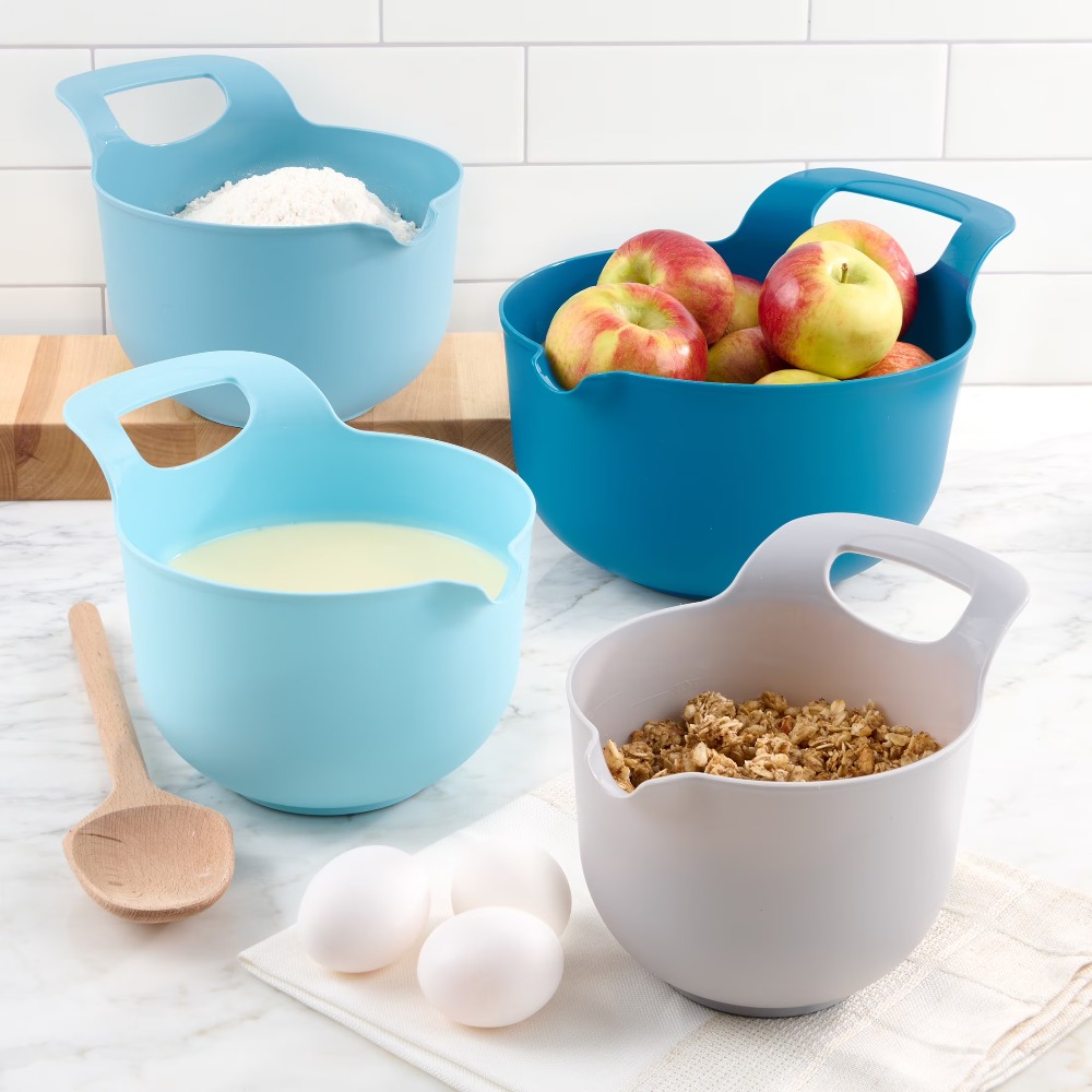 Kitchen Baking Set - ชุดชามผสมพลาสติกแบบซ้อนได้ 4 ใบ พร้อมที่เทและหูจับ อุปกรณ์ครัวสำหรับทำขนม ทำอาหาร